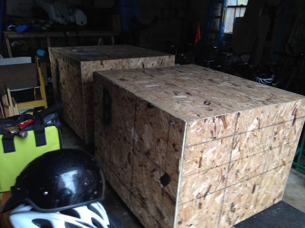 Crated float tanks in the garage